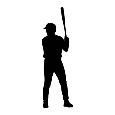 Beyzbol oyuncusunun siyah silueti, beyzbol sopasını omzunda tutarak vuruş pozisyonunda duruyor. Oyuncu kep ve üniforma giyiyor. Siluet beyaz bir arkaplanda izole edilmiş..