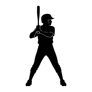 Beyzbol oyuncusunun siyah bir silueti beyaz arka planda vuruşla tasvir edilir. Oyuncu kask takıyor ve elinde vurmaya hazır bir beyzbol sopası tutuyor. Oyuncunun üniformasının ve ayakkabılarının ana hatları görünür..