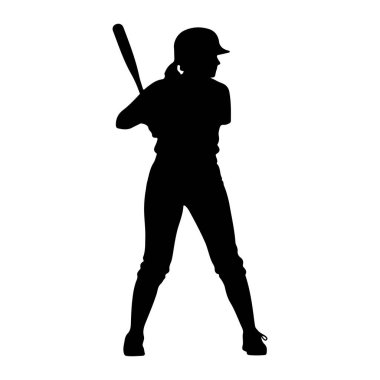 Beyzbol sopası tutan siyah silueti olan bir adam. Salıncağa hazırlanmak için bacaklarını ayıran bir kask ve atletik üniforma giyiyor. Arkaplan düz beyaz.