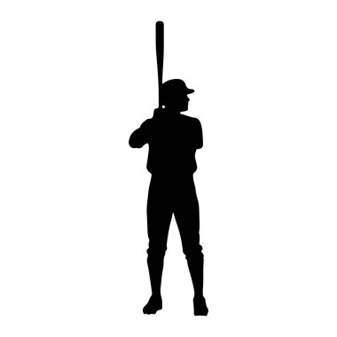 Siyah bir beyzbol oyuncusunun silueti yüzükoyun ayakta duruyor, omuzlarının üzerinde beyzbol sopası tutuyor. Oyuncu bir kep ve üniforma giyiyor, bacakları hafifçe ayrık. Arka plan bembeyaz..