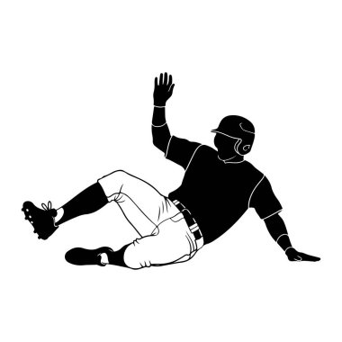 Bir beyzbol oyuncusunun siyah silueti ortada kayıyor. Oyuncu kask, tişört, pantolon ve krampon giyiyor. Bir kolu yukarı doğru uzanıyor, diğeri de yere uzanıyor. Oyuncunun bacakları görünmeyen bir gölette kayarken bükülür.