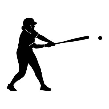 Üniformalı bir kadın beyzbol oyuncusunun siyah silueti ve küçük bir topa sopa sallıyor. Oyuncu vuruşun ortasında, sopa ileri doğru uzanıyor ve top onun önünde. Arkaplan beyaz.