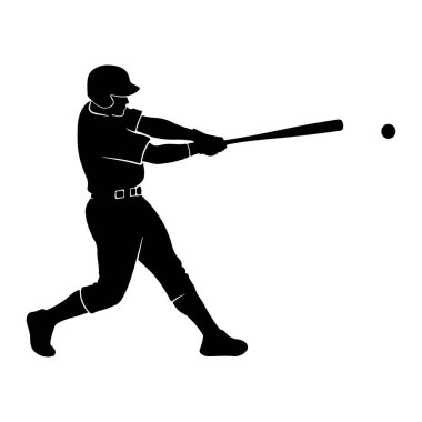 Bir beyzbol oyuncusunun siyah silueti salıncağın ortasında, elinde sopayla küçük, karanlık bir topa bakıyor. Oyuncu kask ve üniforma giyer, bacakları atletik bir duruşla açılır. Arkaplan düz beyaz.