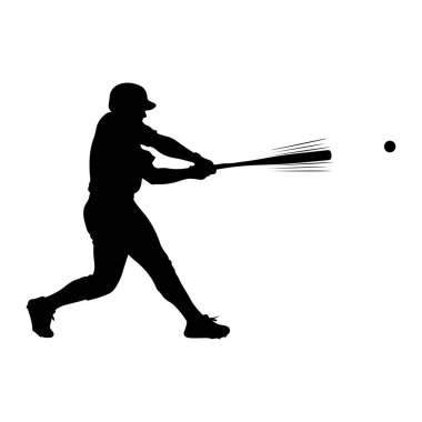 Salıncakta sallanan bir beyzbol oyuncusunun silueti, havada bir beyzbol topu var. Oyuncu kask takıyor ve topa vuruyor gibi görünüyor. Arkaplan düz beyaz.