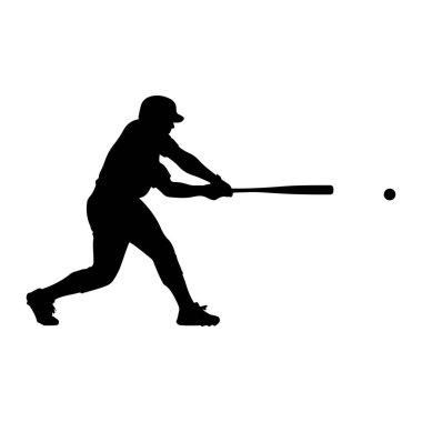 Şapka ve üniforma giymiş, salıncakta sallanan bir beyzbol oyuncusunun siyah silueti. Oyuncu bir beyzbol sopası tutuyor ve hareket halinde olan küçük, karanlık bir topa vurmak üzere. Arka plan bembeyaz, sporun eylemini vurguluyor..