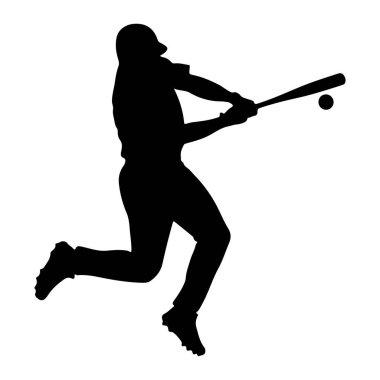 Bir beyzbol oyuncusunun silueti salıncağın ortasında, elinde sopayla topa vurmak üzere. Oyuncu, ayaklarında krampon olan bir şapka ve üniforma giyiyor. Eylem, dinamik duruşu vurgulayarak, düz beyaz bir arkaplan karşısında yakalanır ve