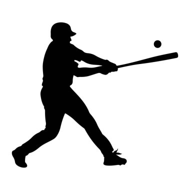 Bir beyzbol oyuncusunun silueti salıncakta sallanıyor, beyzbol sopası havada, sopanın hemen önünde. Oyuncu kep ve krampon takıyor ve topa vurmaya hazırlanırken vücutları dinamik bir şekilde pozisyon alıyor. Arkaplan düz beyaz