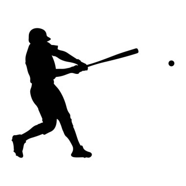 Siyah bir beyzbol oyuncusunun silüeti salıncakta sallanıyor, elinde sopayla küçük siyah bir topa bakıyor. Oyuncu bir bacağı uzatılmış ve diğeri bükülmüş bir şapka ve üniforma giyiyor. Arkaplan düz beyaz.