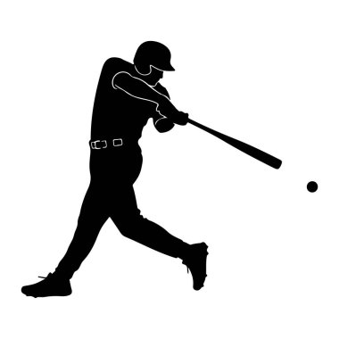 Bir beyzbol oyuncusunun silueti salıncakta sallanıyor, elinde sopayla topa bakıyor. Oyuncu kask ve krampon takıyor. Görüntü beyaz arkaplanda.