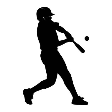 Bir beyzbol oyuncusunun silueti salıncakta sallanıyor, elinde sopayla topa bakıyor. Oyuncu kask ve üniforma giyiyor. Arkaplan düz beyaz.