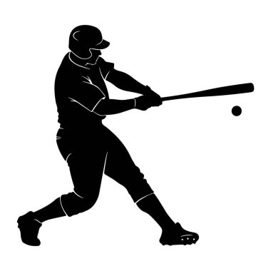 Bir beyzbol oyuncusunun silueti salıncağın ortasında, elinde sopayla topa vurmak üzere. Oyuncu, ayaklarında kramponlar olan bir kask ve üniforma giyiyor. Görüntü, siyah-beyaz bir grafiktir, hareketin ve formun vurgulanmasıdır.