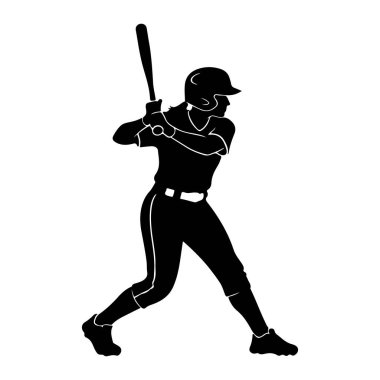 Üniformalı, kask takan siyah bir beyzbol oyuncusunun silueti, sopayla salıncakta sallanırken resmediliyor. Oyuncunun vücudu açılı, topa vurmaya hazırlanırken dinamik bir duruş sergiliyor. Silüet düz beyaz bir arkaplan üzerine kurulur.