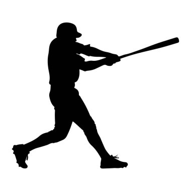 Salıncakta sallanan bir beyzbol oyuncusunun siyah silueti beyaz arka planda resmedilir. Oyuncu bir kep ve üniforma giyiyor, sopa ileri doğru dinamik bir hareketle uzanıyor. Duruş, sporun yoğunluğunu ve atletizmini yansıtıyor..