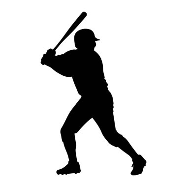 Elinde sopayla sallanan bir beyzbol oyuncusunun silüeti. Oyuncu bir kep ve üniforma giyiyor, bacakları atletik bir duruşta açık. Görüntü, beyaz arkaplandaki siyah rengin katıksız karşıtlığıdır. Eylemi ve biçimi vurgular.