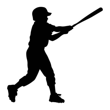 Beyazların arka planında sallanan bir beyzbol oyuncusunun siyah silueti. Oyuncu bir kask ve üniforma giyiyor, iki eliyle bir beyzbol sopası tutuyor ve sanki topa vurmak üzereymiş gibi pozisyon alıyor. Görüntü dinamik bir anı yakalar.
