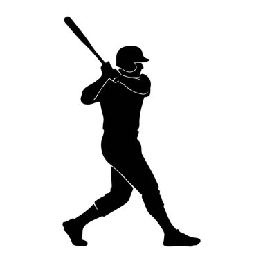 Salıncakta sallanan bir beyzbol oyuncusunun siyah silueti. Oyuncu kask ve üniforma giyiyor, iki eliyle beyzbol sopası tutuyor. Şekil, dinamik duruşu ve sallanma eylemini vurgulayan düz beyaz bir arkaplan üzerinde resmedilmiştir.