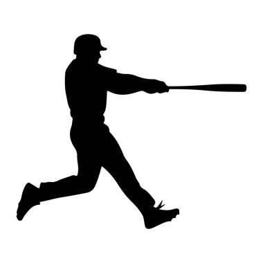 Salıncakta sallanan bir beyzbol oyuncusunun siyah silueti beyaz arka planda resmedilir. Oyuncu bir şapka ve üniforma giyiyor, beyzbol sopası yatay olarak uzatılmış, vurmaya hazır. Poz, atletik hareketin dinamik bir anını yakalıyor..