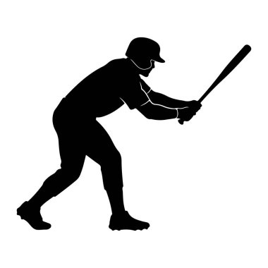 Elinde sopayla sallanan bir beyzbol oyuncusunun silüeti. Oyuncu kask ve krampon takıyor. Vücutları topa vuracak pozisyonda. Görüntü beyaz bir arkaplan üzerinde net ve izole edilmiş, t 'nin eylem ve biçimini vurguluyor