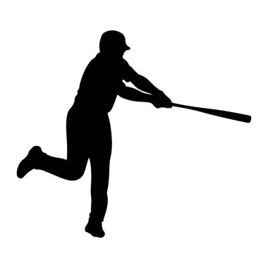 Sopayla sallanan bir beyzbol oyuncusunun siyah silueti. Oyuncu kask takıyor ve topa vuruyor gibi görünüyor. Şekil dinamik bir pozla çekiliyor, bir bacağı havada ve vücudu hareket halinde. Arka plan...