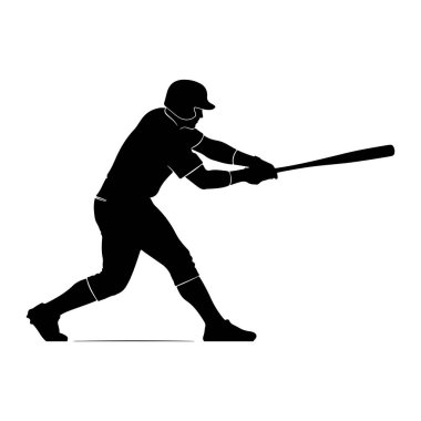 Salıncakta sallanan bir beyzbol oyuncusunun siyah silueti beyaz arka planda resmedilir. Oyuncu bir kask ve üniforma giyiyor, sopa ileri doğru uzanıyor, vurmaya hazır. Duruş dinamiktir, hareketin yoğunluğunu yakalar..