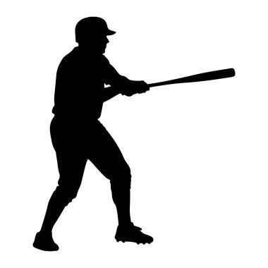 Salıncakta sallanan bir beyzbol oyuncusunun siyah silueti beyaz arka planda resmedilir. Oyuncu bir kep ve üniforma giyiyor, iki eliyle bir beyzbol sopası tutuyor ve vurmaya hazır, dinamik bir pozisyonda duruyor. Görüntü görüntüyü yakalar 
