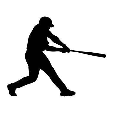 Salıncakta sallanan bir beyzbol oyuncusunun siyah silueti düz beyaz arka planda resmedilir. Oyuncu bir kep ve üniforma giyiyor, iki eliyle bir beyzbol sopası tutuyor ve bir bacağı ileri doğru uzanmış dinamik bir duruşta konumlanmış durumda. T