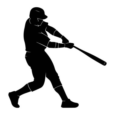 Elinde sopayla sallanan bir beyzbol oyuncusunun silüeti. Oyuncu kask ve üniforma giyiyor, dinamik çizgiler hareket ve hareket olduğunu gösteriyor. Arkaplan düz beyaz.