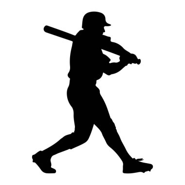 Salıncakta sallanan bir beyzbol oyuncusunun siyah silueti. Oyuncu kask ve krampon takıyor ve elinde sopa tutuyor. Arkaplan beyaz.