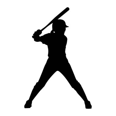Beyzbol forması ve miğfer takan, beyzbol sopası sallamaya hazır siyah bir siluet. Şekil, bacakları atletik bir duruşla ayakta duruyor ve sopayı omuzlarının üzerinde tutuyor. Resim beyaz bir arkaplanda izole edilmiştir.