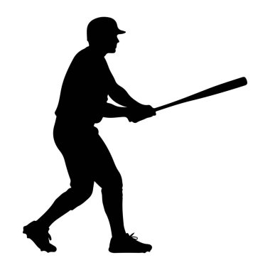 Elinde sopayla sallanan bir beyzbol oyuncusunun silüeti. Oyuncu bir kep ve krampon takıyor ve vücutları topa vuracak pozisyonda. Resim beyaz bir arkaplanda izole edilmiştir.