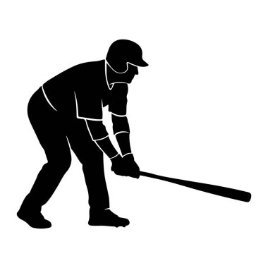 Beyzbol oyuncusunun siyah silueti sopayı tutuyor ve sallanmaya hazırlanıyor. Oyuncu kask ve eldiven takıyor ve vücutları hareket beklentisiyle öne bakıyor. Görüntü açık ve net, incirle.