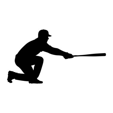 Sopayla sallanan bir beyzbol oyuncusunun siyah silueti. Oyuncu bir kep ve üniforma giyiyor, dizinin biri yerde. Resim beyaz bir arkaplanda izole edilmiştir.