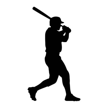 Elinde sopayla sallanan bir beyzbol oyuncusunun silüeti. Oyuncu bir kask ve üniforma giyiyor, bir bacağı öne, diğeri arkaya uzanıyor, bu da güçlü bir vuruşu gösteriyor. Resim beyaz bir arkaplanda izole edilmiştir.