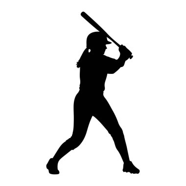 Siyah bir beyzbol oyuncusu silueti. Beyzbol sopasıyla omzunda sallanmaya hazır bir kadın oyuncu. O bir kask ve üniforma giyiyor. Görüntü beyaz arkaplanda.