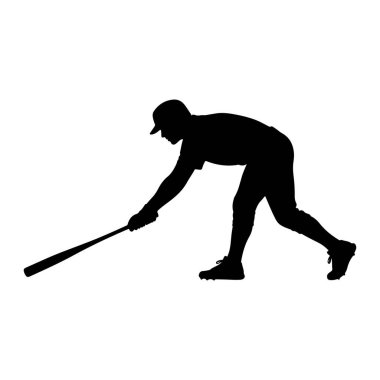 Elinde sopayla sallanan bir beyzbol oyuncusunun silüeti. Oyuncu bir kep ve krampon takıyor, vücutları atletik bir duruşla eğiliyor. Resim beyaz bir arkaplanda izole edilmiştir.