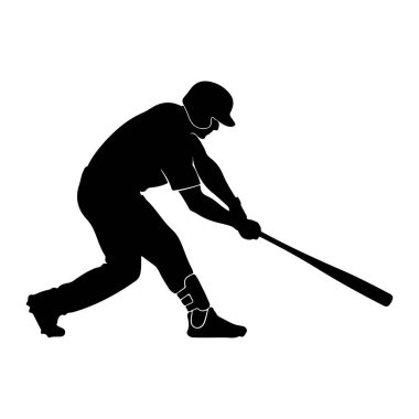 Salıncakta sallanan bir beyzbol oyuncusunun siyah silueti beyaz arka planda resmedilir. Oyuncu kask ve üniforma giyiyor, iki elinde de beyzbol sopası var, vurmaya hazır. Poz bir eylem ve atletizm hissi veriyor..