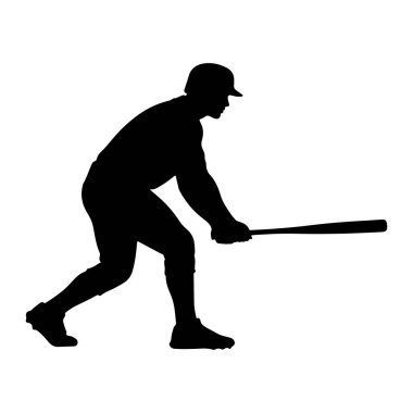 Beyzbol oyuncusunun siyah bir silueti beyaz arka planda vuruşla tasvir edilir. Oyuncu kask ve üniforma giyiyor ve elinde sallanmaya hazır bir beyzbol sopası tutuyor. Poz bir oyunda aktif bir an olduğunu gösteriyor.