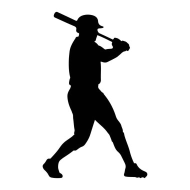 Elinde sopayla sallanan bir beyzbol oyuncusunun silüeti. Oyuncu kask ve üniforma giyiyor ve bacakları atletik bir duruşa sahip. Görüntü, salıncağın dinamik hareketini vurgulayan beyaz bir arkaplana karşı simsiyahtır..