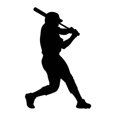 Sopa sallayan bir beyzbol oyuncusunun siyah silueti. Oyuncu kask ve üniforma giyiyor. Vücutları topa vuracak pozisyonda. Görüntü beyaz arka planda izole edilmiş, sporcunun dinamik duruşunu vurguluyor..