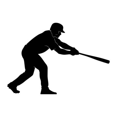 Sopayla sallanan bir beyzbol oyuncusunun siyah silueti. Oyuncu kask takıyor ve görünmeyen bir topa vurmaya odaklanmış gibi görünüyor. Arkaplan düz beyaz.