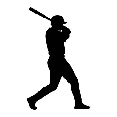 Beyazların arka planında sallanan bir beyzbol oyuncusunun siyah silueti. Oyuncu bir şapka ve üniforma giyiyor, elinde beyzbol sopası var. Poz bir oyunda aktif bir an olduğunu gösteriyor.