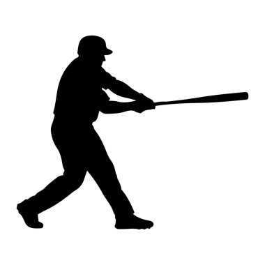 Salıncakta sallanan bir beyzbol oyuncusunun siyah silueti beyaz arka planda resmedilir. Oyuncu bir kep ve üniforma giyiyor, iki eliyle beyzbol sopası tutuyor ve dinamik bir poz veriyor, bu da oyunda aktif bir an olduğunu gösteriyor. Odaklanma...