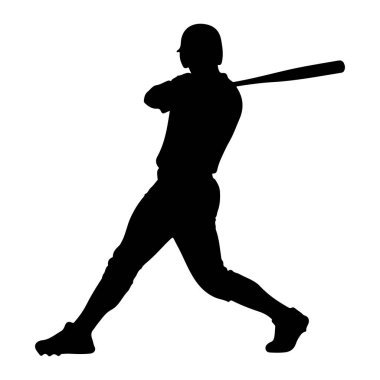Salıncakta sallanan bir beyzbol oyuncusunun siyah silueti beyaz arka planda resmedilir. Oyuncu bir kask ve üniforma giyiyor, beyzbol sopası topa vurmaya hazırlanırken yatay olarak uzanıyor. Poz dinamik bir atletik anı yakalıyor. 