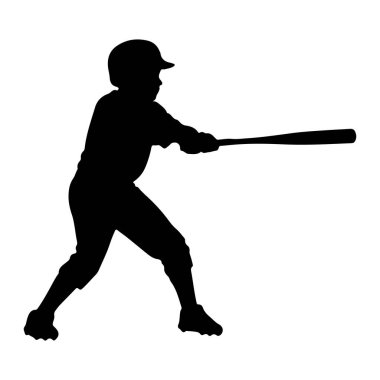 Üniformalı ve kasklı genç bir beyzbol oyuncusunun siyah silueti beyzbol sopası sallarken resmedilir. Oyuncu yandan gösteriliyor, vücutları vurmaya hazır bir şekilde vuruş pozisyonu alıyor. Siluet tam karşımızda.