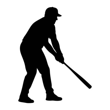 Beyzbol oyuncusunun siyah silueti vuruş pozisyonunda, bir sopa tutuyor ve sallanıyor gibi görünüyor. Oyuncu kep takıyor ve beyaz bir arka plana doğru hareket ediyor gibi görünüyor..