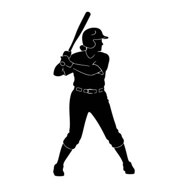 Beyzbol sopasının siyah silueti hazır bir vaziyette, elinde sopayla. Vurucu kask takıyor ve kemerli üniforma giyiyor. Görüntü, beyaz bir arkaplanda, beklenti ve atletik hazırlık hissini ileten grafik bir örnektir..