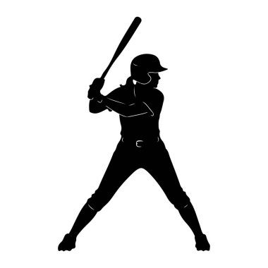 Üniformalı, kask takan ve elinde sopa tutan bir kadın beyzbol oyuncusunun silüeti. Vücudu bir sahada sallanmaya hazırlanıyor gibi. Görüntü, beyaz arkaplana karşı temiz ve grafik bir gösterim..