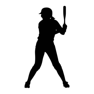 Beyzbol sopası tutan siyah bir bayan atlet silueti. Kask ve üniforma giyiyor ve salıncağa hazırlanmak için bacaklarını açıyor. Resim beyaz bir arkaplanda izole edilmiştir.