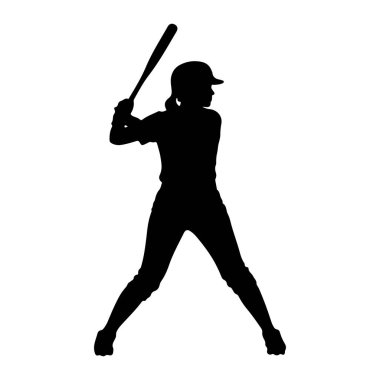 Beyzbol ya da softball forması giyen, kask takan ve sopayı sallanmaya hazır bir pozisyonda tutan siyah bir siluet. Şekil bacakları ayrılmış, sağa dönük duruyor. Siluet düz beyaz bir arkaplana karşı..