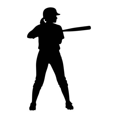Beyzbol ya da softbol forması giymiş bir bayan sporcunun silüeti ve miğferi belden yukarısında hazır bir şekilde bir sopa tutarken gösteriliyor. Sağa bakan figür, yarasa vücudun üzerinde yatay olarak duruyor. Bu siluet...